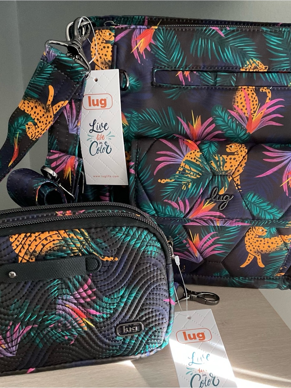 lug Quilted Tropical Leopard Shoulder Bag in Black, Green, Orange, Pink